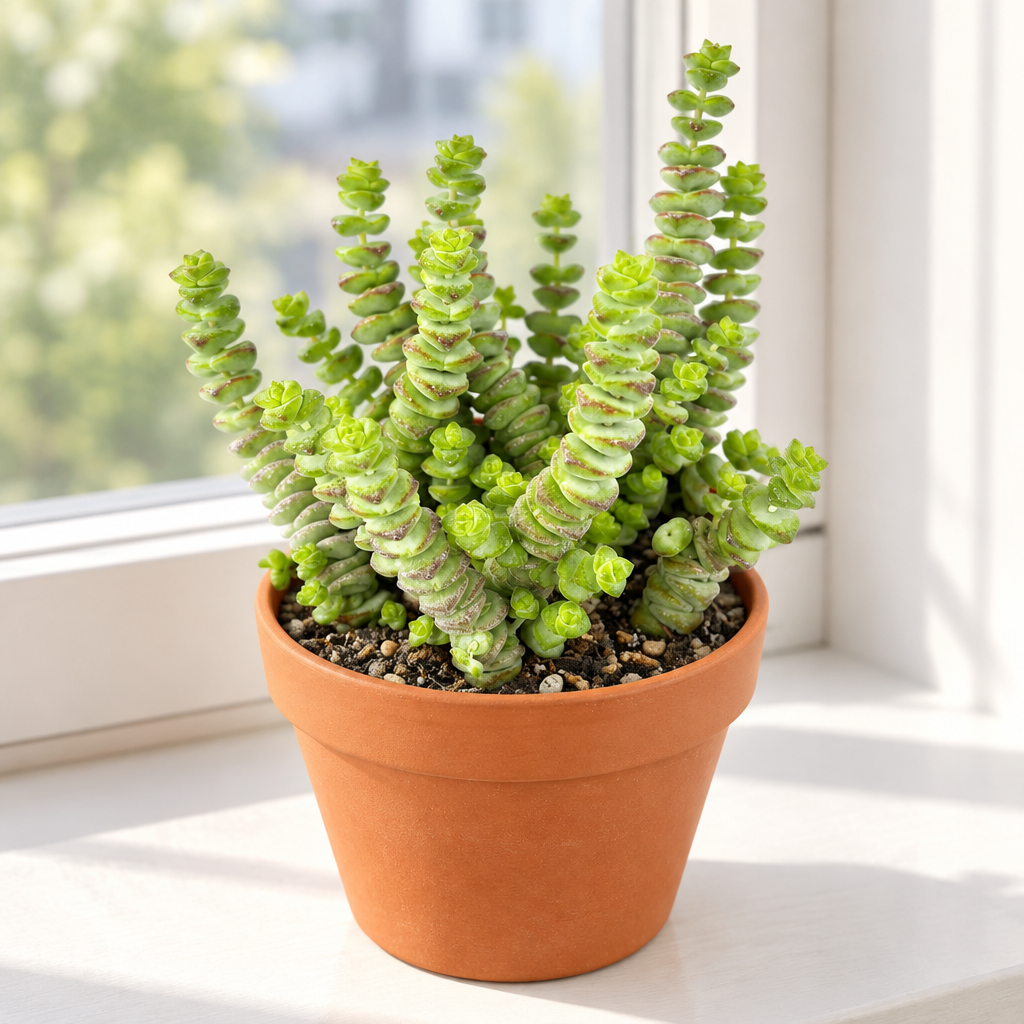Baby Necklace Crassula in decorative terracotta pot on indoor windowsill; pot not included