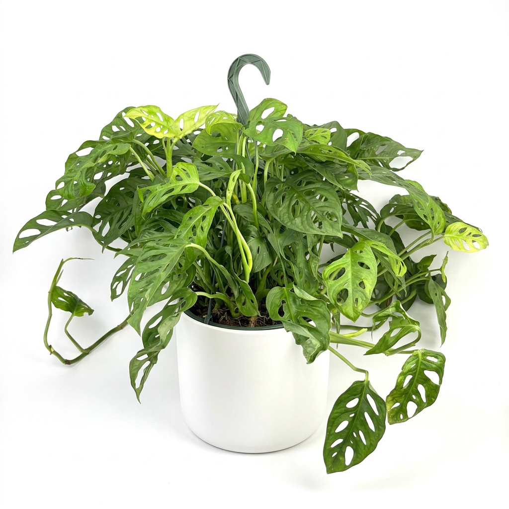 Jumbo Monstera adansonii in an 8-inch hanging nursery pot on a pure white background.
