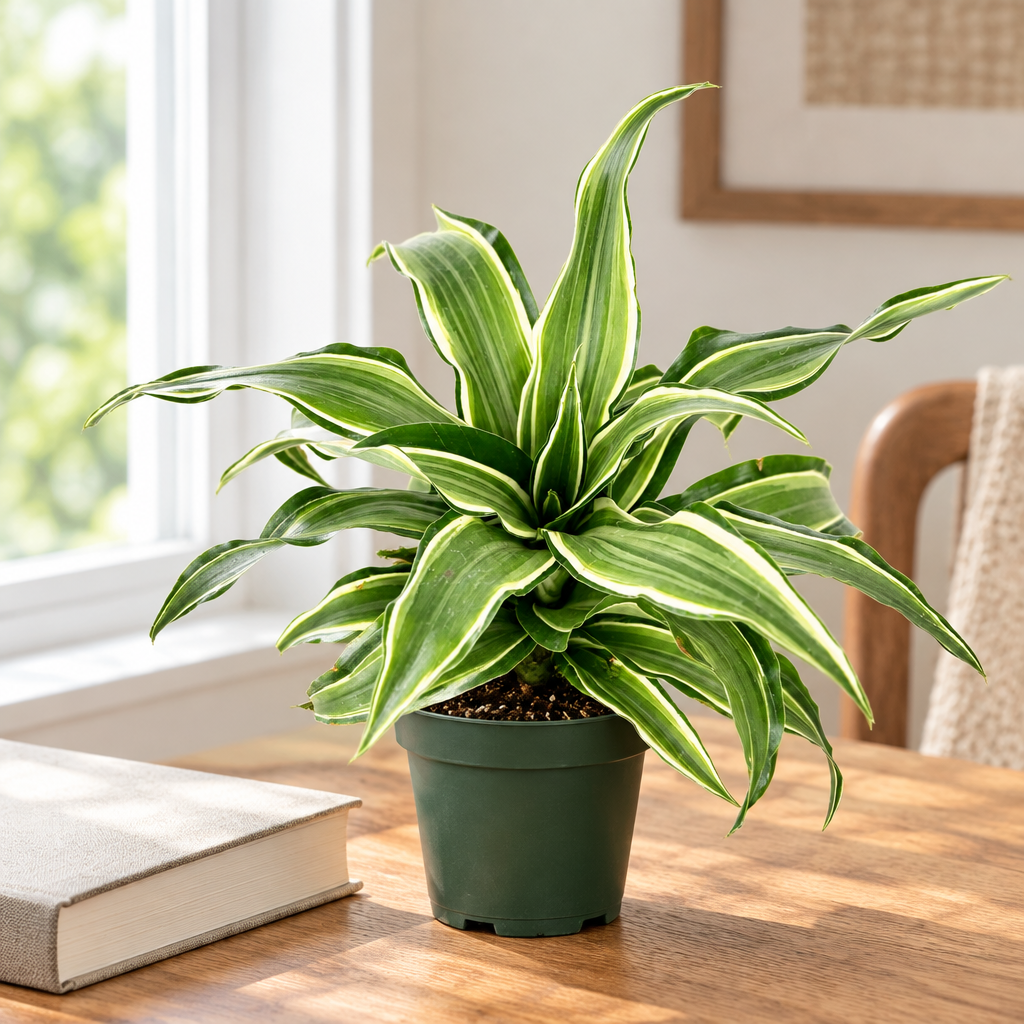 Dracaena Kanzii with green and pale striped leaves in nursery pot on indoor tabletop