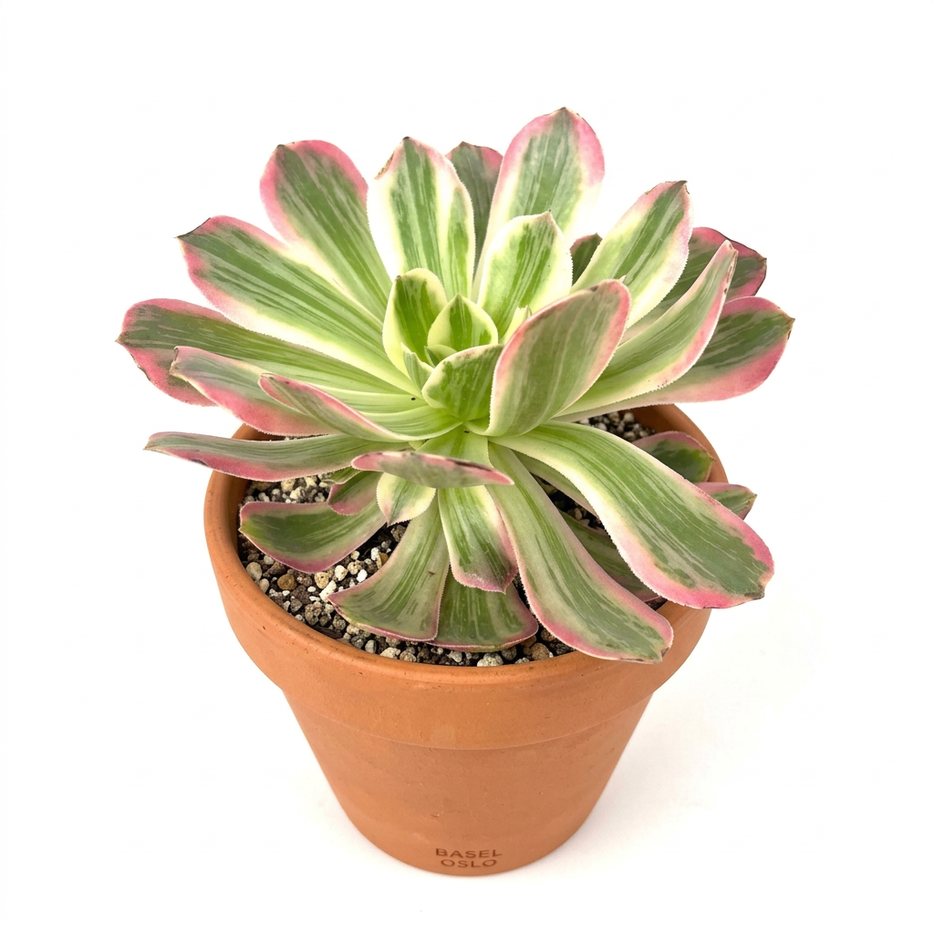 Aeonium Pink Witch styled in a terracotta pot against a white studio background; decorative pot sold separately