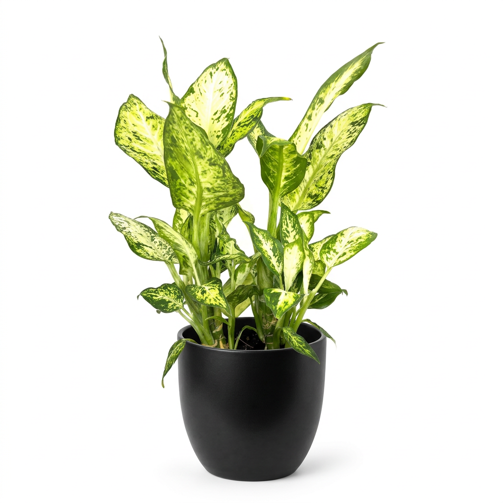 Dieffenbachia Amy styled in a black BASEL planter against a white background; decorative planter sold separately