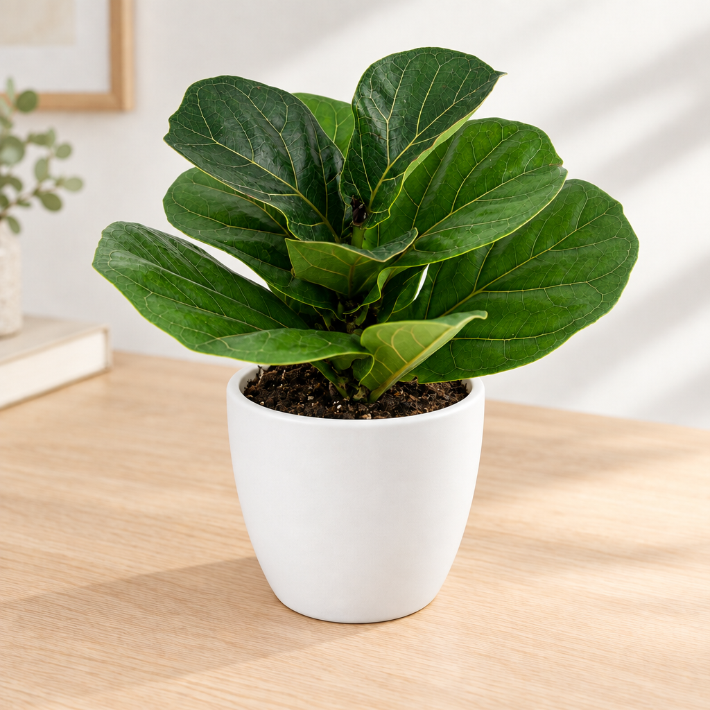 Bambino fiddle-leaf fig styled in white Basel 4.7-inch planter, sold separately