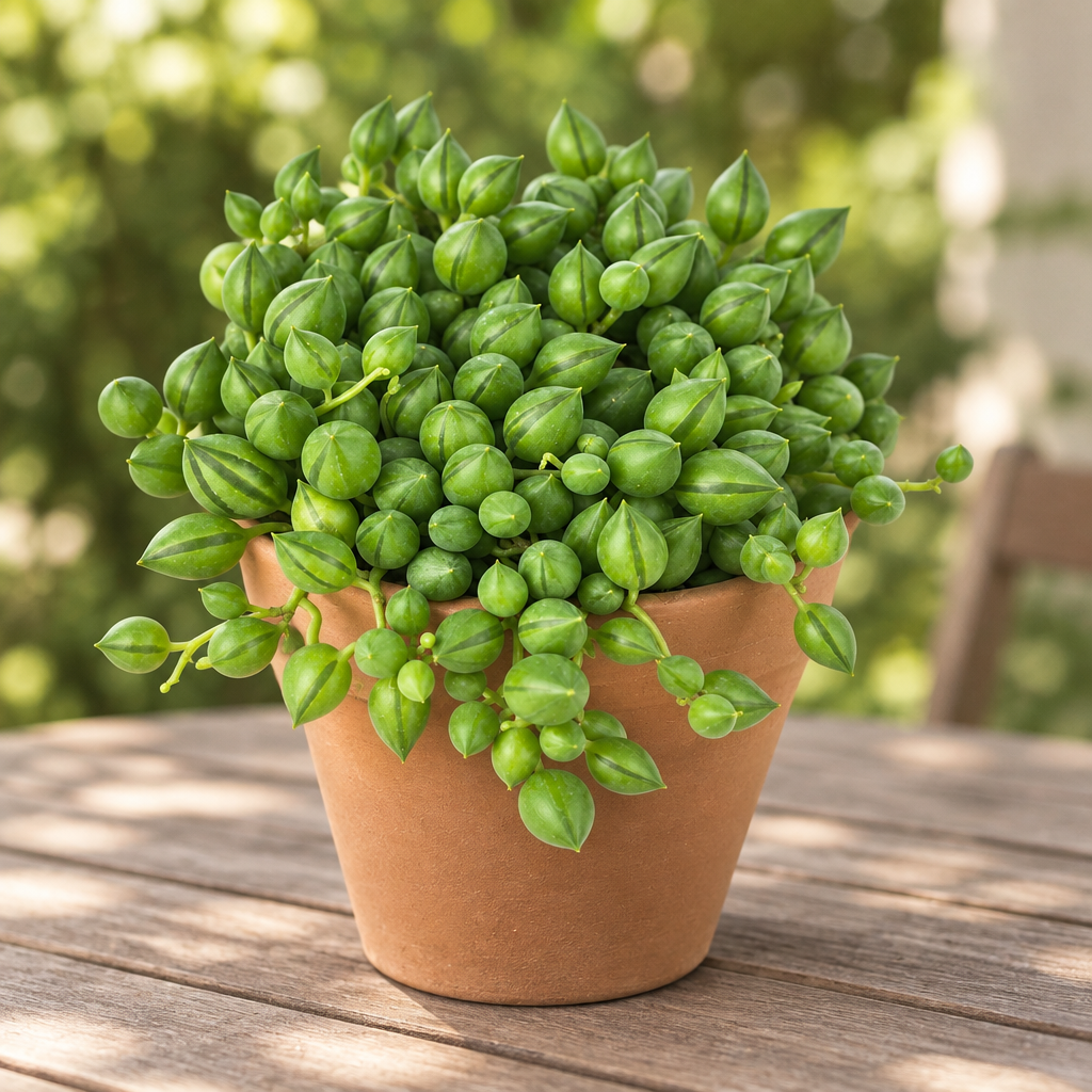 String of Raindrops with solid green striped teardrop leaves in muted taupe terracotta on a sunny patio