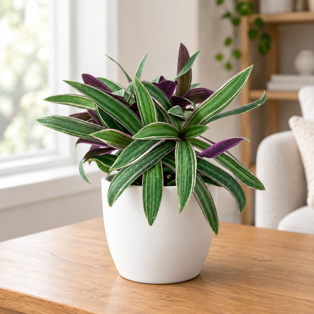 Moses in the Cradle in a white BASEL planter on an indoor tabletop, planter sold separately