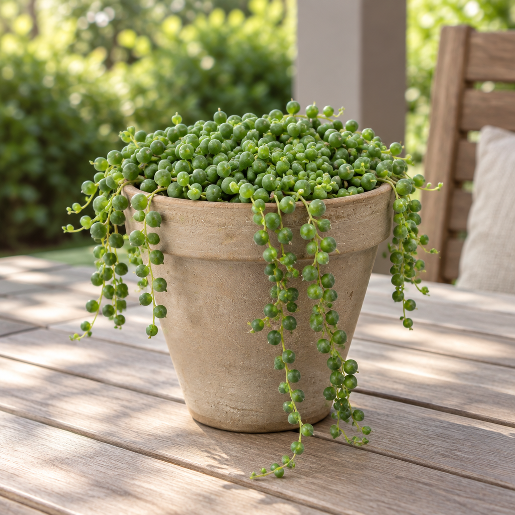 String of Pearls succulent in muted taupe terracotta on a sunny patio with trailing green pearl leaves