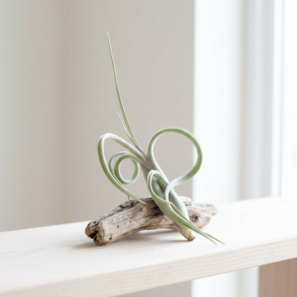 Tillandsia intermedia air plant displayed on driftwood near a bright window; driftwood sold separately