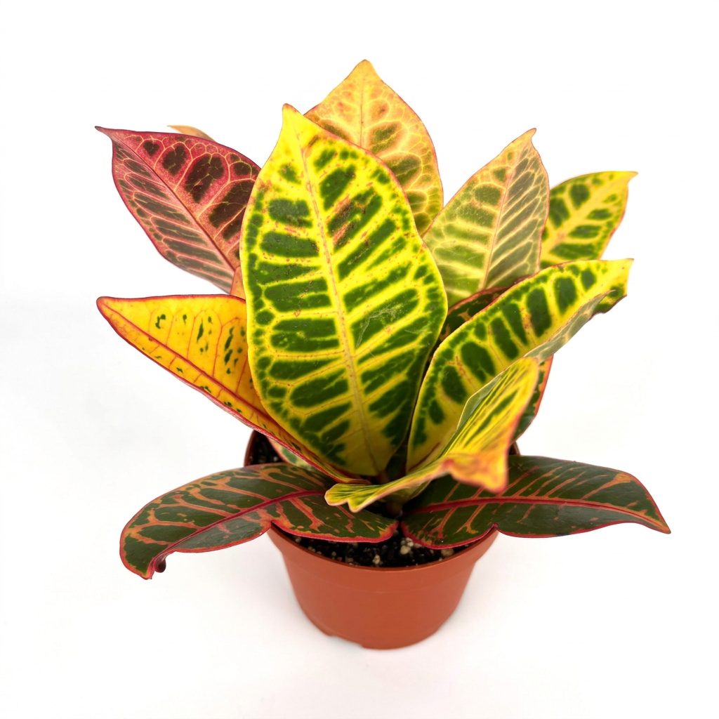 Young Croton Petra with green, yellow and red patterned leaves in its reddish-brown 4-inch nursery grow pot on a white studio background