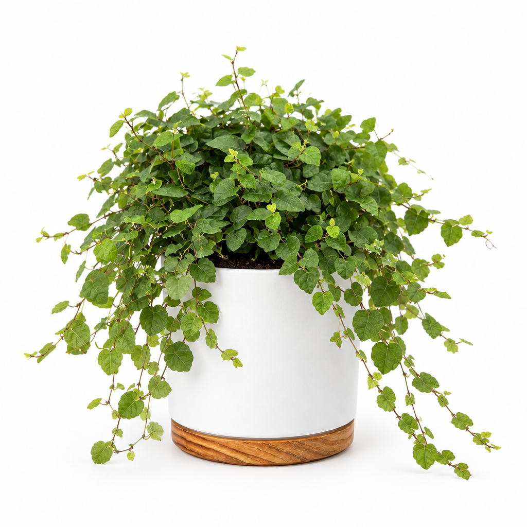 Creeping fig styled in separately sold white Oslo planter with wood-grain base on white