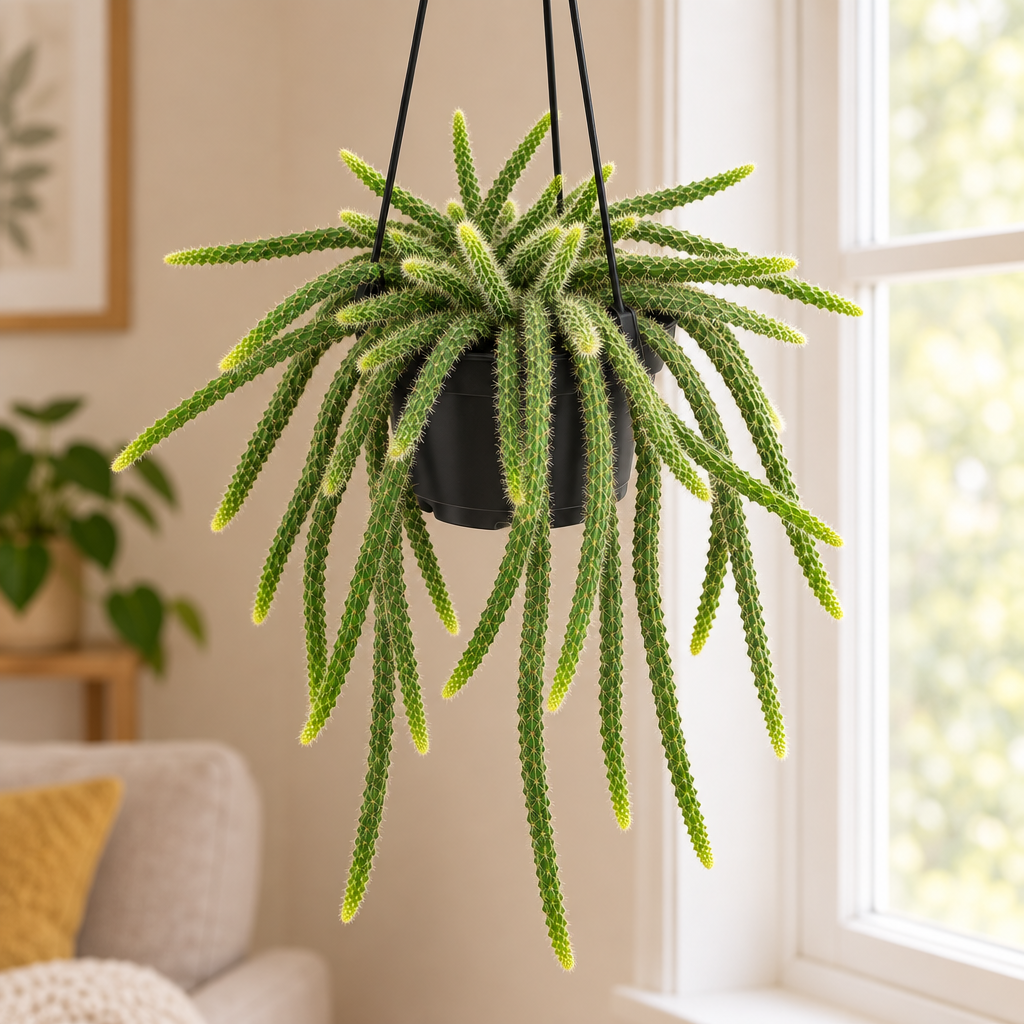 Rat Tail Cactus with trailing stems in a black hanging pot beside a bright indoor window