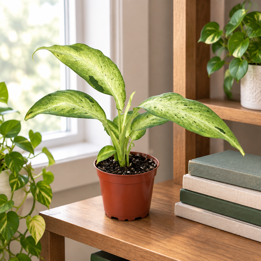 Young Dieffenbachia Camouflage in a nursery pot on an indoor shelf by a window