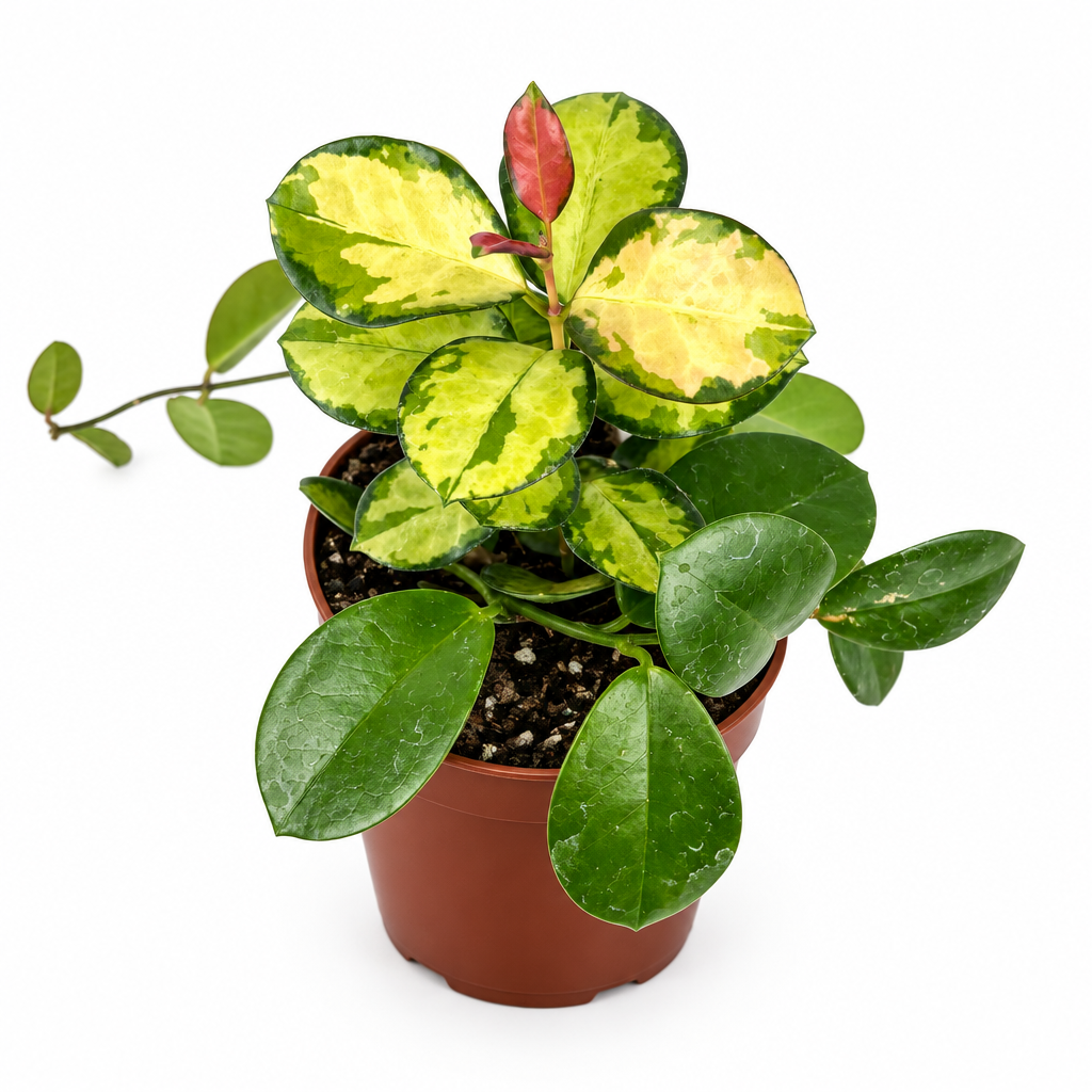 Young Hoya australis Lisa with green and cream leaves in 4-inch nursery pot on white