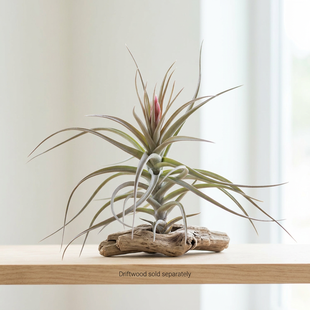 Tillandsia aeranthos Purple Giant air plant on driftwood near a bright window; driftwood sold separately