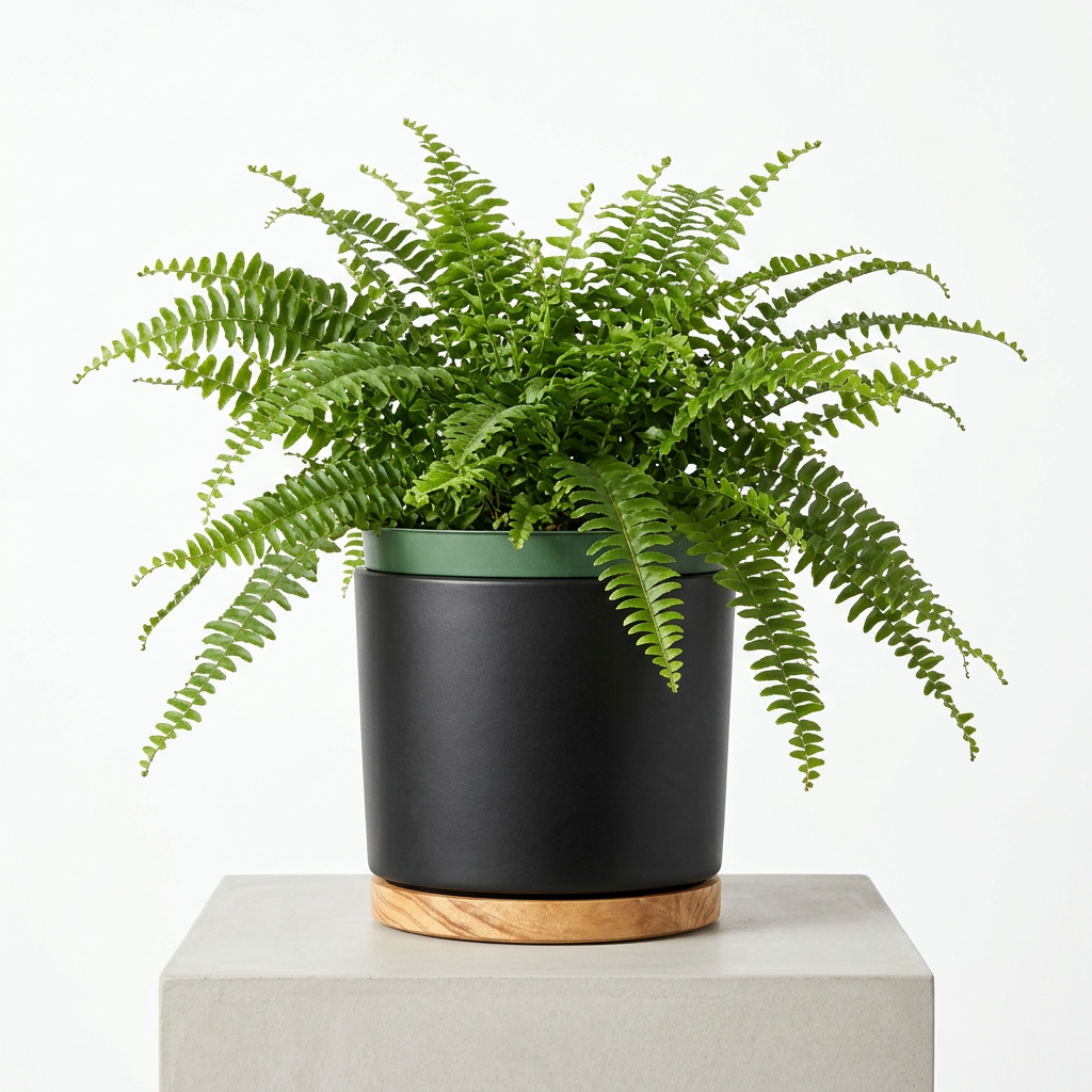 Boston Fern styled in a black OSLO decorative planter with wooden base, sold separately