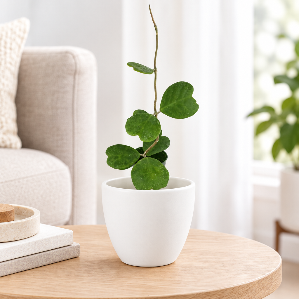 Hoya kerrii vine styled in separately sold white Basel planter