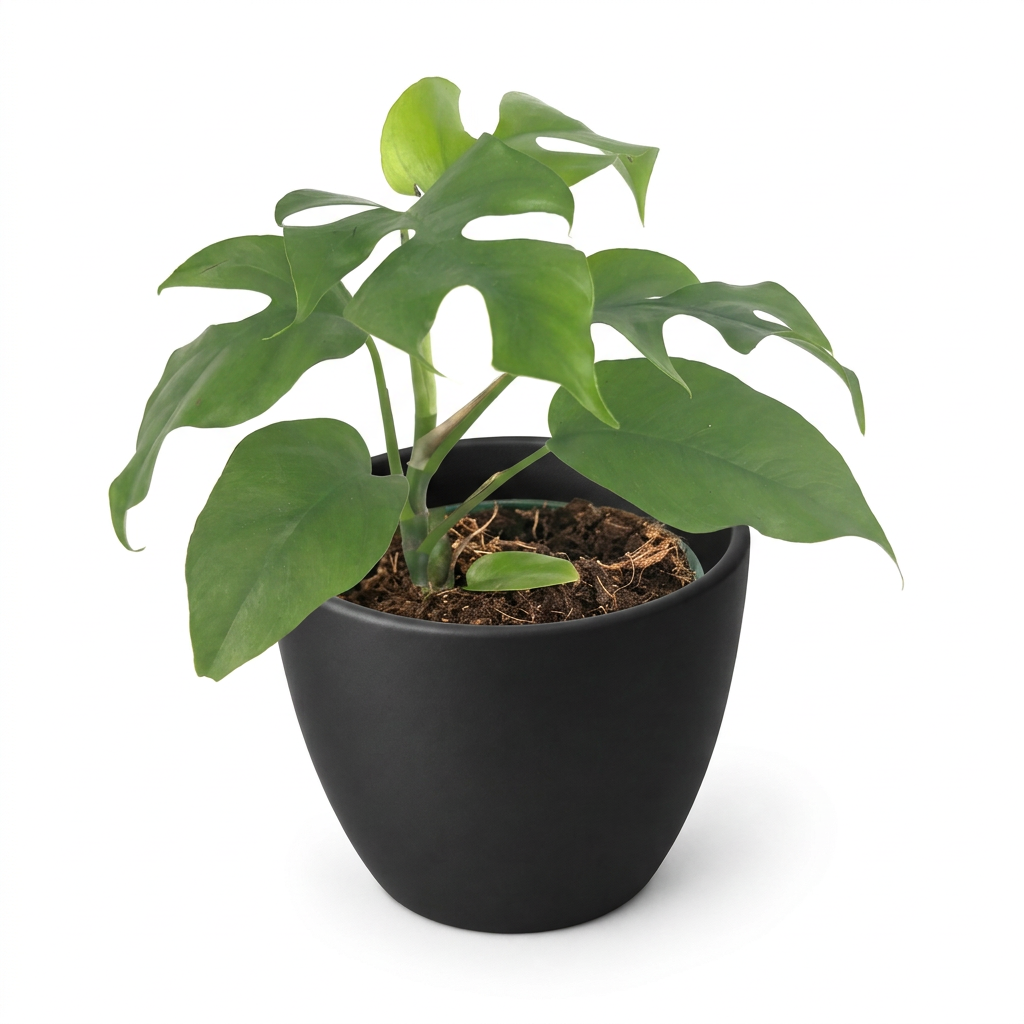 Mini Monstera styled in a black 4.7-inch BASEL planter on a white background; decorative planter sold separately