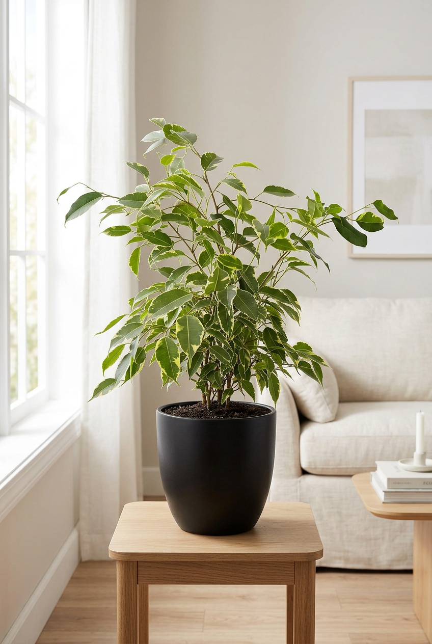 Ficus benjamina Spearmint in a black BASEL planter on a wood side table beside a bright window; decorative planter sold separately