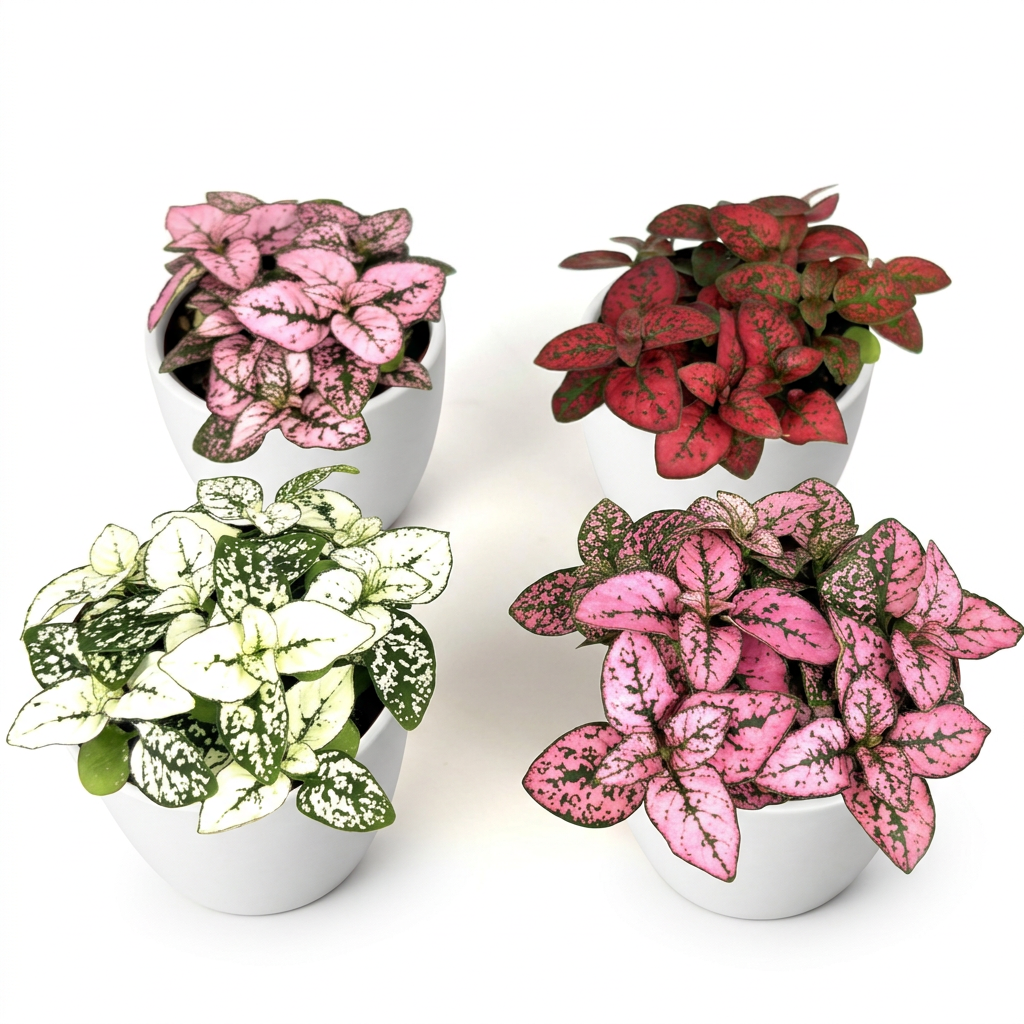 Pink, red, white and rose Hypoestes Splash collection in four separate white BASEL 4.7-inch planters on white; planters sold separately, each plant ships in a 3.5-inch nursery grow pot