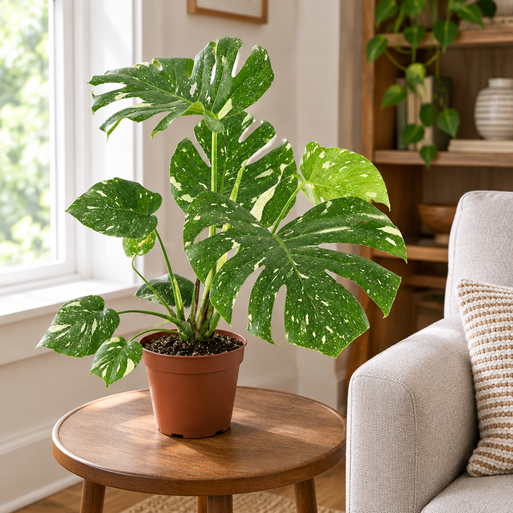 Thai Constellation Monstera in nursery pot on indoor side table beside chair