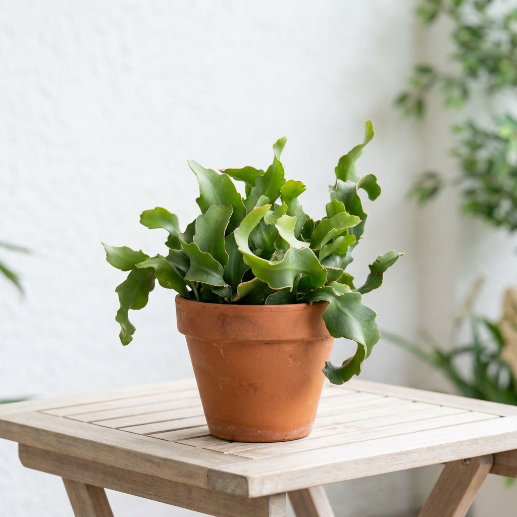 Epiphyllum Guatemalense Monstrose styled on a sheltered patio in terracotta; decorative pot sold separately