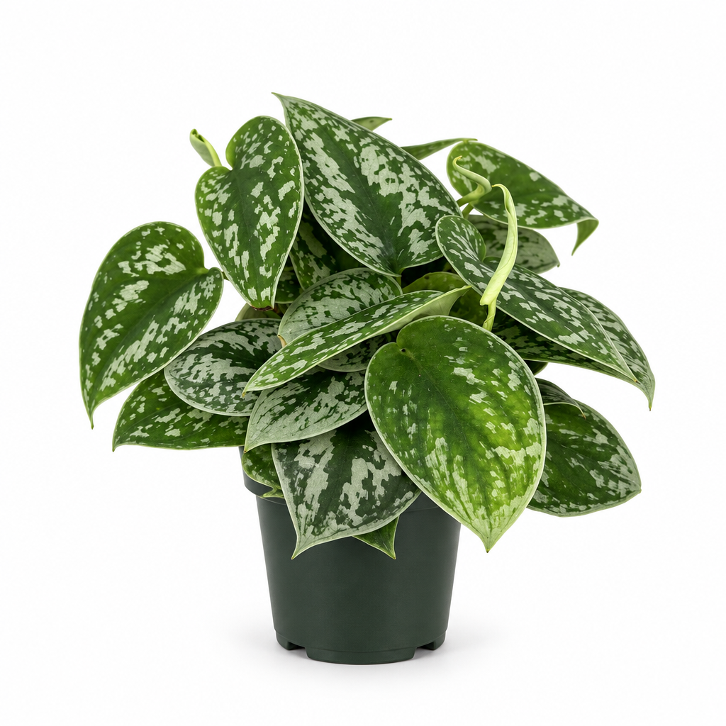 Silver Splash Pothos with silver-speckled green leaves in a nursery pot on a white background