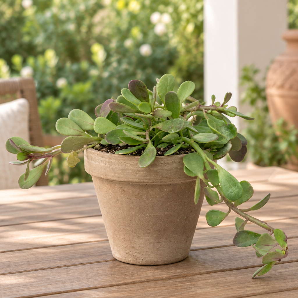 Purple Trailing Jade planted directly in muted taupe terracotta on a sheltered patio with trailing green stems