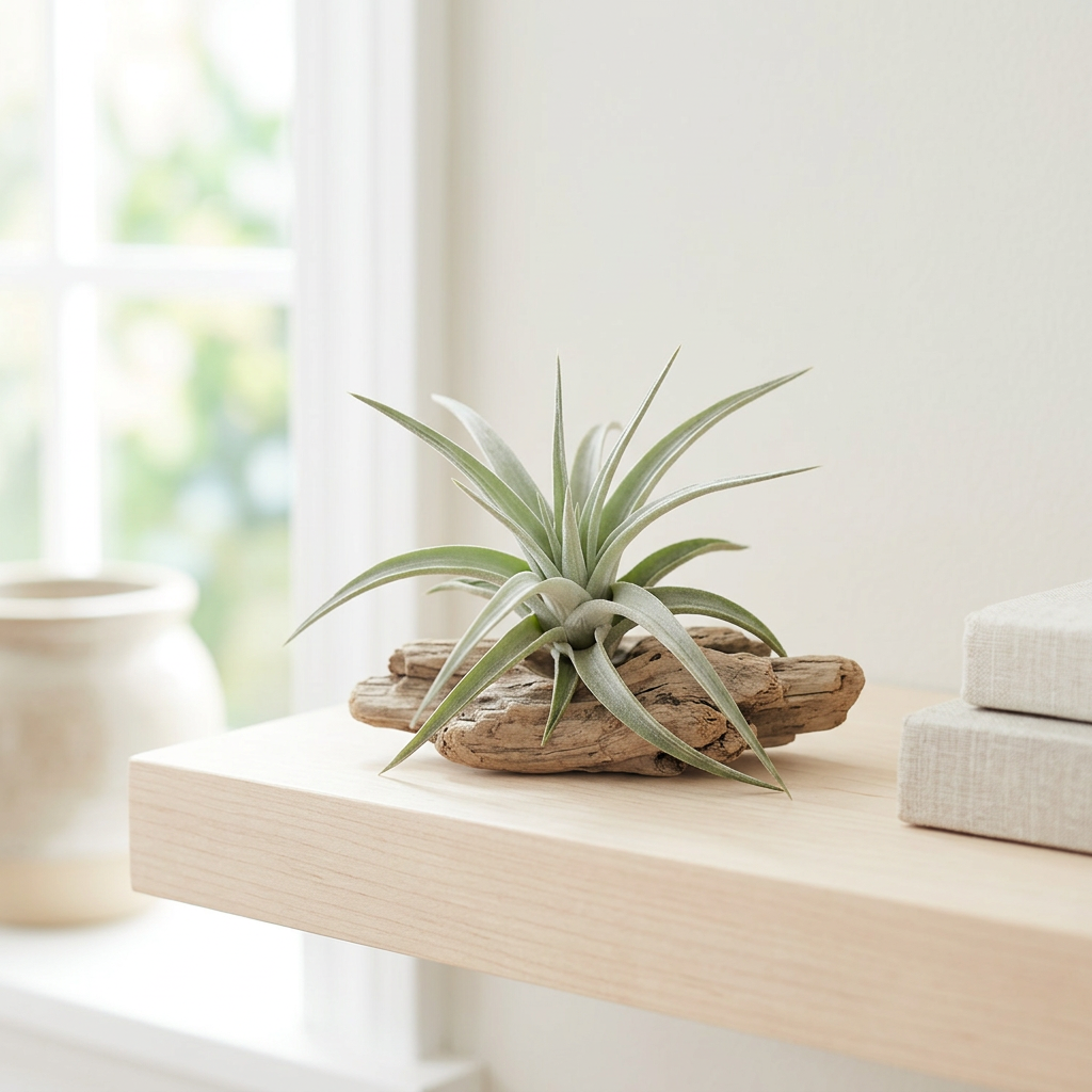 Tillandsia ixioides air plant displayed on driftwood near a bright window; driftwood sold separately