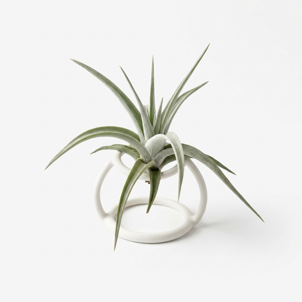 Tillandsia ixioides air plant styled in an open white ceramic holder; holder sold separately